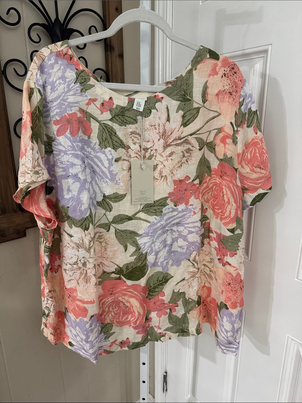 Joie Floral Linen-Blend Short Sleeve Top in Coral, Lavender & Green